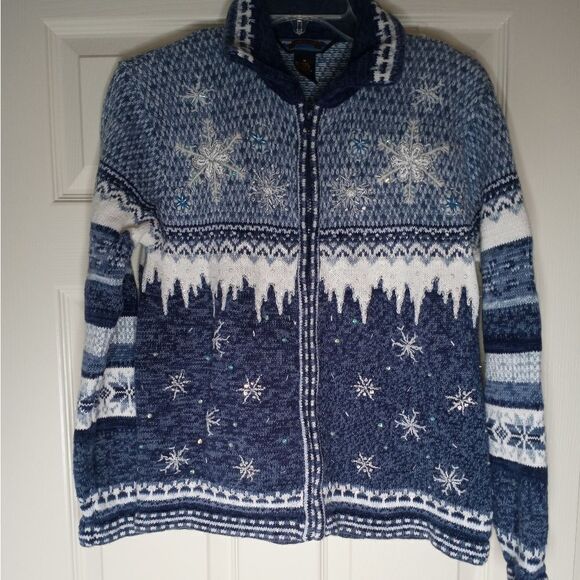 ShaverLake M  BlueBeaded SnowflakesRamieCotton FullZipperWomen'sCardiganSweater - Picture 1 of 11